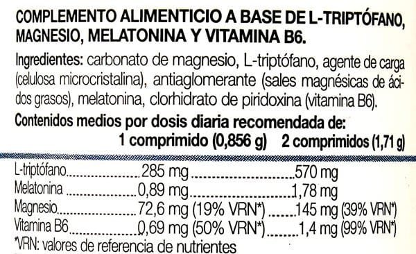 Tabla Nutricional de Triptófano con Melatonina de la marca Ana Maria Lajusticia Tabla Nutricional de Triptófano con Melatonina de la marca Ana Maria Lajusticia