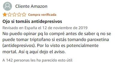 Ver peor valoración de Triptófano con Melatonina de la marca Ana Maria Lajusticia en Amazon Ver peor valoración de Triptófano con Melatonina de la marca Ana Maria Lajusticia en Amazon