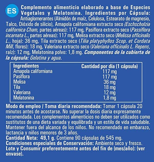 Tabla Nutricional de Melatonina de la marca Ynsadiet Tabla Nutricional de Melatonina de la marca Ynsadiet