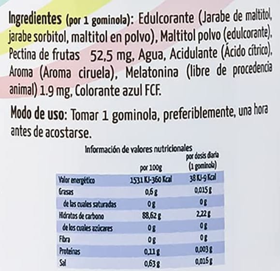 Tabla Nutricional de Vitamolas Melatonina de la marca Drasanvi Tabla Nutricional de Vitamolas Melatonina de la marca Drasanvi