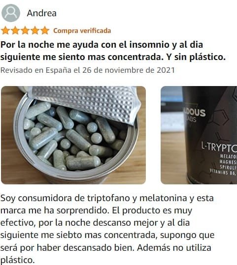 Ver mejor y más útil valoración de L-Triptófano de la marca Aldous Labs en Amazon Ver mejor y más útil valoración de L-Triptófano de la marca Aldous Labs en Amazon