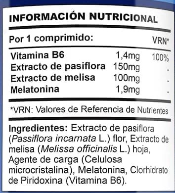 Tabla Nutricional de Melatonina de la marca Nutravita