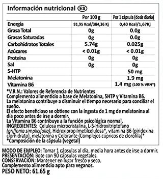 Tabla Nutricional de Melatonin de la marca N2 Tabla Nutricional de Melatonin de la marca N2