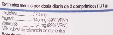 Tabla Nutricional de Triptófano con Mg+B6 de la marca Ana Maria Lajusticia Tabla Nutricional de Triptófano con Mg+B6 de la marca Ana Maria Lajusticia
