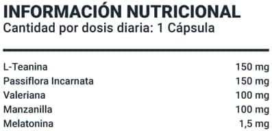 Tabla Nutricional de Melatonina+ de la marca Aura Fit Tabla Nutricional de Melatonina+ de la marca Aura Fit