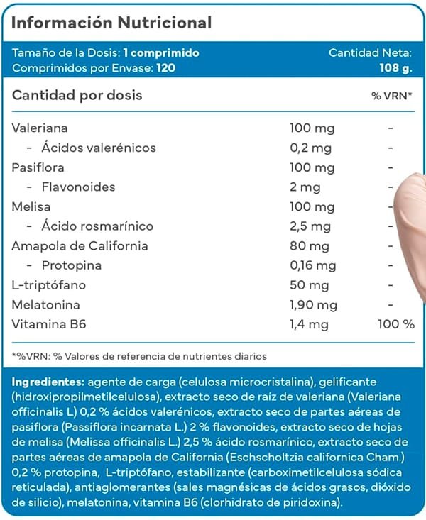 Tabla Nutricional de Melatonina Con Triptófano de la marca Sevens Tabla Nutricional de Melatonina Con Triptófano de la marca Sevens